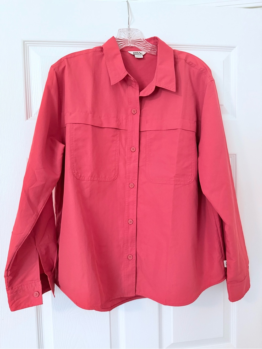 Eddie Bauer, women’s ripstop, ultra lightweight UPF50 shirt, Large, salmon.
